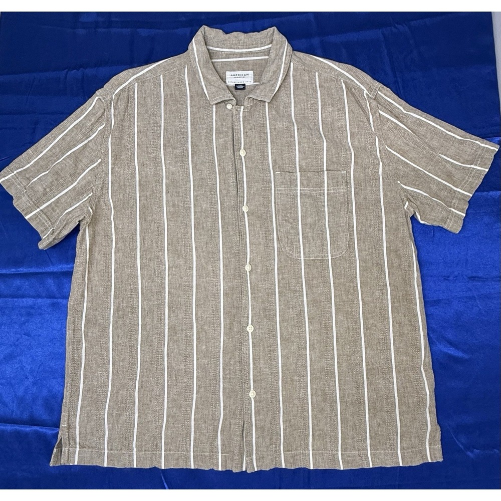 American Eagle AE Men's Beige Stripe Linen Blend Button Up Camp Collar - Large L
